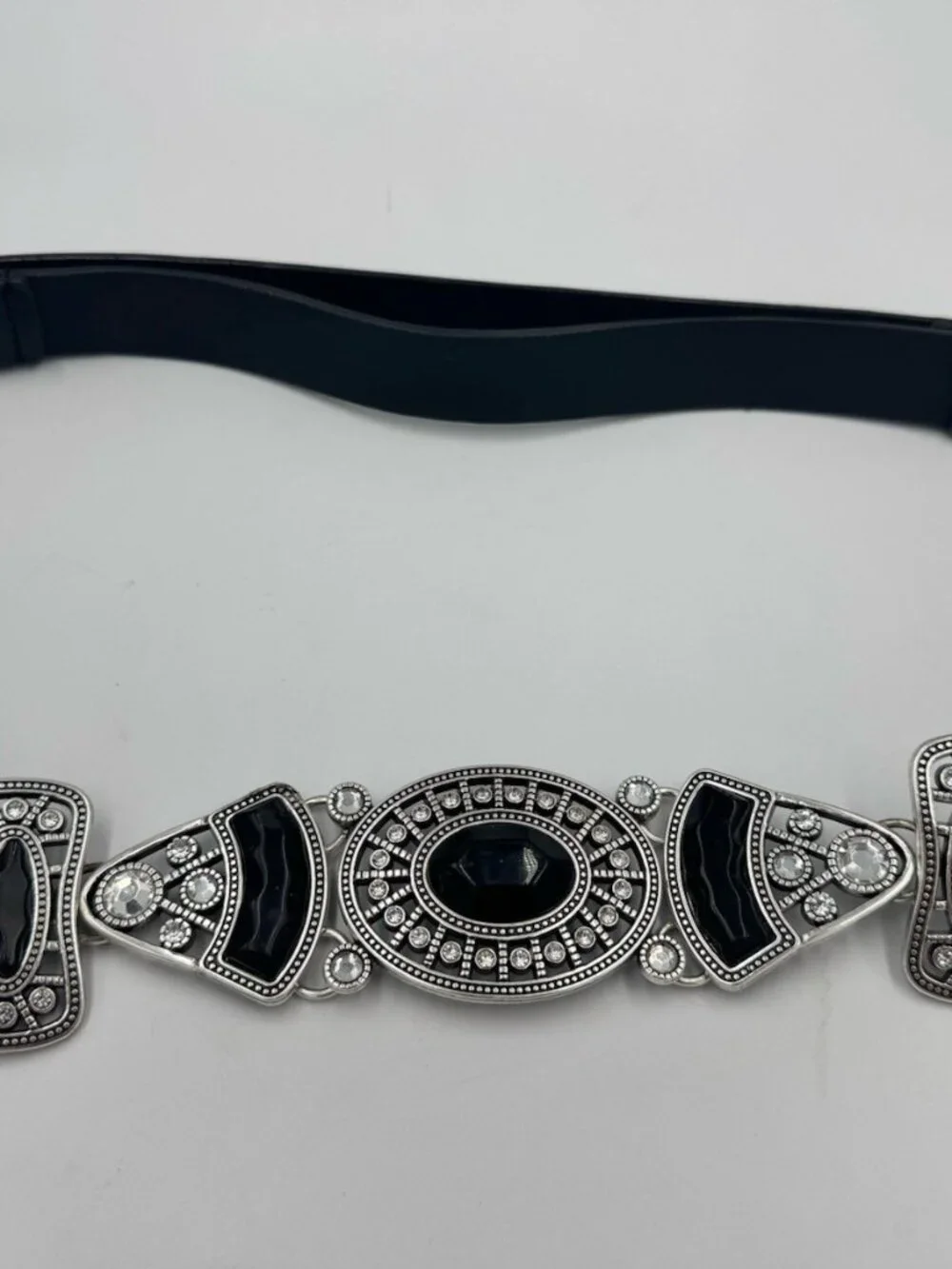 Chico's Black Statement Belt Silver Rhinestone Adjustable M/L
